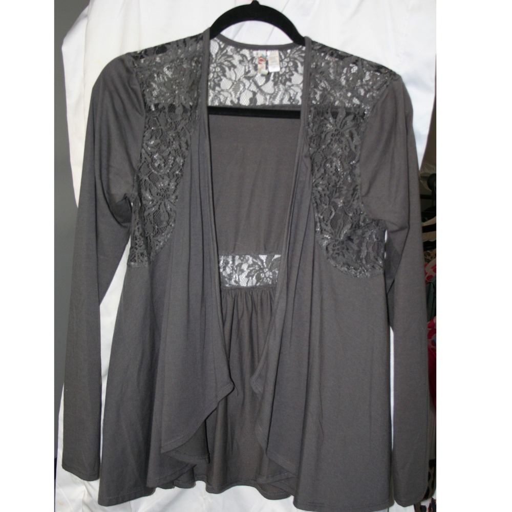 Charcoal Gray Lace Inset Babydoll Peplum Long Sleeve Top Open Front Cardigan